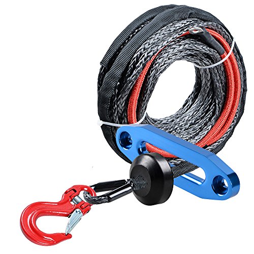 Astra Depot Synthetic Winch Rope Cable Protective Sleeve 40 inch (eat Guard 6400lbs w/RED Half-Linked Hook+ Winch Stopper + 6-inch Blue Hawse Fairlead for ATV UTV Ramsey KFI (50ft x 1/4 inch (