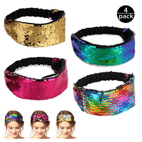 Mwoot Diademas elásticas para niñas, 4 piezas, banda de brillo reversible para el cabello...
