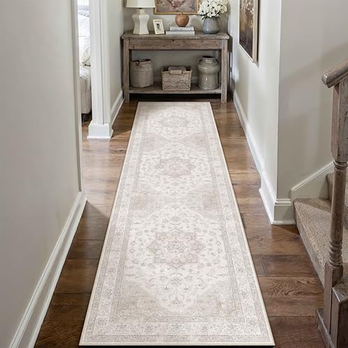 PureCozy Vintage Beige Teppich Flur Läufer 80x400cm Teppichläufer Boho Waschbarer Carpet Weich rutschfest Lang Teppiche Küche Schlafzimmer Bettvorleger Büro Kurzflor Tepich
