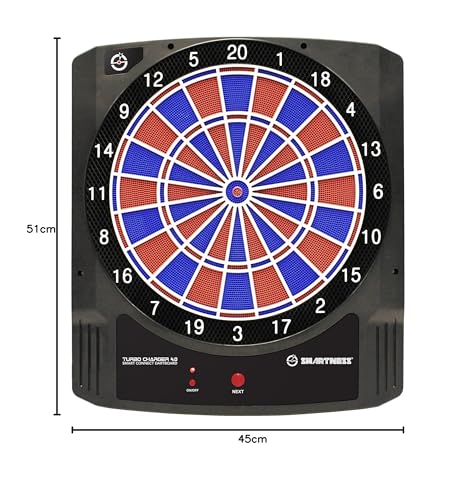 Carromco Elektronische Dartscheibe mit App - Turbo Charger 4.0 - Set: 6 Softdarts, 20 Ersatzspitzen, USB-Kabel, Wandmontage - smartes Dartboard mit Bluetooth, 2-Loch-Segmente, 45 x 51 x 4,2 cm