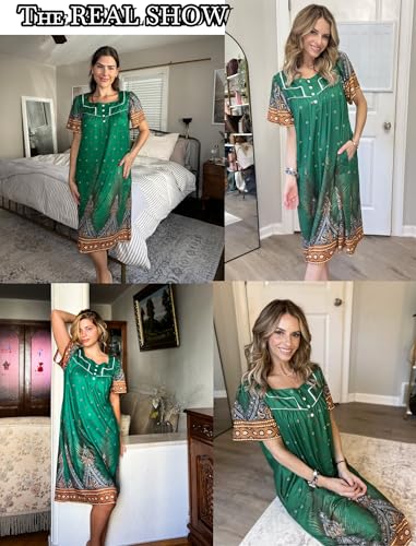Image of Ekouaer Women's House Dress with Pocket Button Mumus | Short Sleeve Nightgown, Floral Print Mumu Dresses, Square Casual Sleepwear, Boho Roomy Housecoat, Plus Size Soft Sleepwear