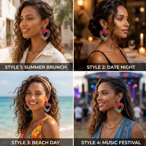 Image of Young & Forever Boho Rainbow Raffia Earring Pack - Handmade Woven Straw Geometric C-Hoop, Heart & Statement Drop Earrings for Women, Summer Beach Vacation Jewelry