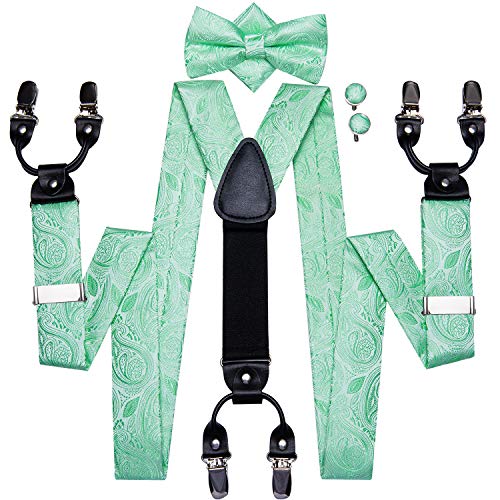 Image of Dubulle Suspender and Bow Tie for Men Paisley Solid Mens Suit Braces Pretied Bowtie and Handkerchief Cufflinks Formal Wedding