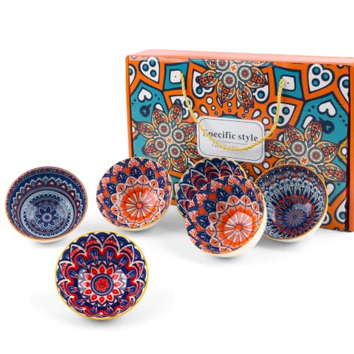Ceramic Serving Bowls - Ceramic Rice Bowls 10 oz Bohemian Style Pottery Bowls Set of 6 Kitchen Tableware Small Bowls for Rice Dipping Soup Dessert Snack Fruits Dishwasher & Microwave Safe