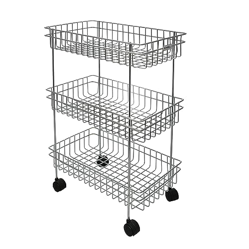 Image of Wrolavi Stainless Steel Fruits & Vegetables Storage 3 Shelf Basket Trolley, Multipurpose Shelves for Kitchen Storage| 53H x 23W x 41L cm | Silver Color | Rust Free