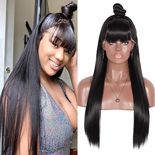 Youthfee 28" Lace Front Wigs Pre-braied Updo Synthetic Lace Frontal Wig with Baby Hair for Black Women Long Straight Black Wig with Bangs
