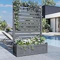 Solid Wood Outdoor Privacy Fence Screen with Planter Box, No-Dig Design with Drainage Holes (Gray, 41" L x 16" W x 72" H)