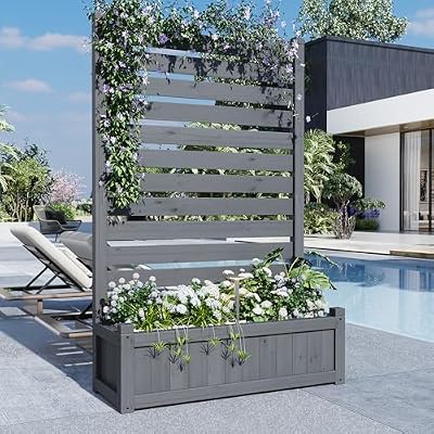 Solid Wood Outdoor Privacy Fence Screen with Planter Box, No-Dig Design with Drainage Holes (Gray, 41" L x 16" W x 72" H)