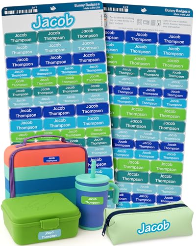 Bunny Badges Personalized Daycare Name Labels for Kids (120 Labels) Custom Label for Clothing Tag - Waterproof Name Stickers for Clothing Tags, Bottles, Backpacks and School Supplies (Mystic)