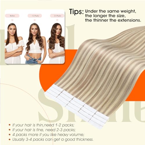 Image of Full Shine Blonde Injected Tape Extensions Human Hair Color 18 Ash Blonde Highlight 613 Blonde Remy Tape in Hair Extensions Invisible Adhesive Skin Weft for Natural Look 14Inch 40G 20Pcs