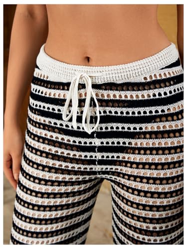Verdusa Women's Hollow Out Crochet Knit Striped High Waist Swimwear Cover Up Pants4