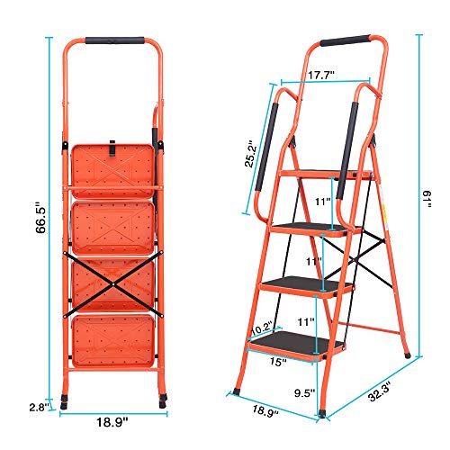 LUISLADDERS 4 Step Ladder Safety Tool Ladder Folding Anti-Slip Step Stool Ladder Padded Side Handrails with Large Area Pedals for Kitchen Home and Office 330lbs (4 Step)