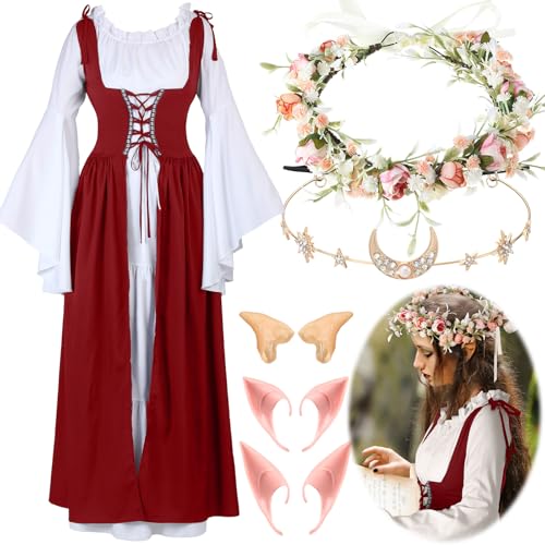 Image of Bonuci 6 Pcs Medieval Renaissance Fairy Costume Women Halloween Elf Cosplay Outfits Victorian Dress Elf Ears Fairy Headpiece