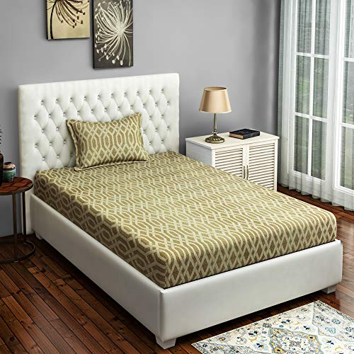 Image of Swayam Roto Cotton Single Bedsheet with 1 Pillow Cover | Size 60 x 90 inch | 144 TC | Geometric Design | Soft Breathable Bed Sheet | Comfortable & Durable for Bedroom - Brown & Beige