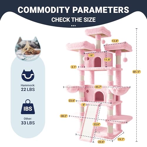 Image of Allewie 82 Inches Large Cat Tree /House /XXL Tall Cat Towers for Big Feline /Scratching Post /Multi-Level Large Kitty Climbing Tree with Condo /Pink