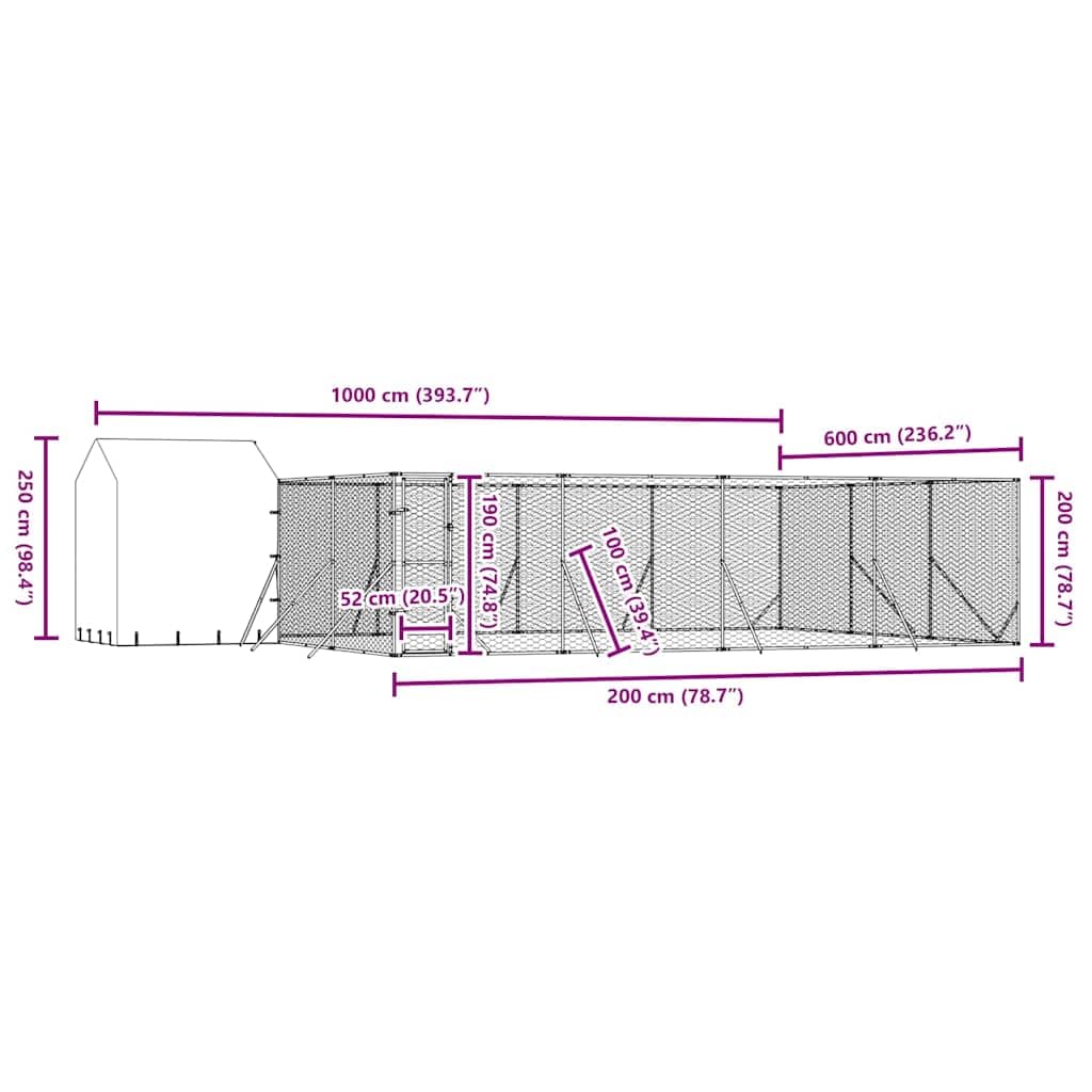 Perrera para perros de acero galvanizado plateado con techo de 10 x 6 x 2,5 m, resistente a la intemperie con puerta segura, protección y mucho espacio para perros, cachorros, animales