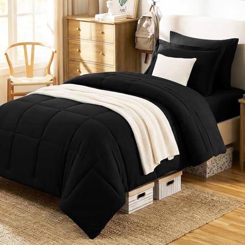CozyLux Twin XL Comforter Set Black - 5 Pieces Twin XL Bed in a Bag Oeko-Tex Certified Bedding Set All Season Soft Bed Set with Down Alternative Comforter Sheets Pillowcase & Sham