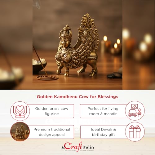 Image of eCraftIndia Golden Brass Kamdhenu Cow Idol for Home Decor Living Room Animal Figurine Cow Statue Gift for Diwali Housewarming Birthday