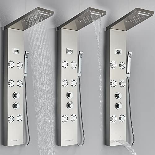 Panel de ducha de acero inoxidable con cascada de lluvia y sistema de masaje corporal con mezclador miniatura 2