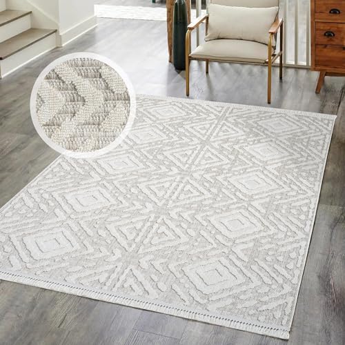 carpet city Kurzflor Teppich Wohnzimmer Beige - 140x200 cm - Raute-Muster, Relief-Optik - Fransen-Teppiche Modern, Boho für Schlafzimmer, Esszimmer