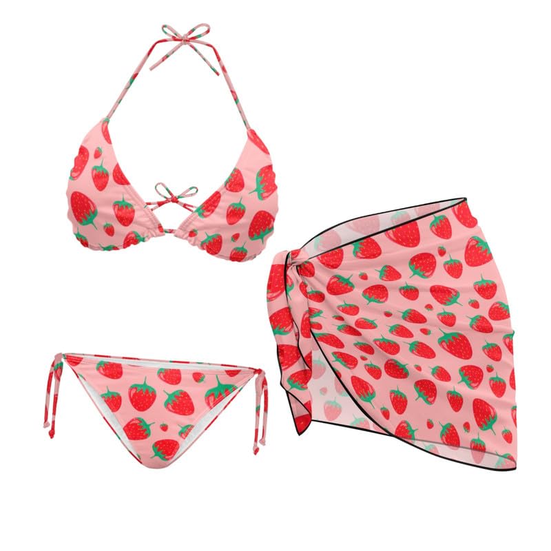 Irisjudy Women's Hawaii Flowers 3 Piece Swimsuits Bathing Suit Sarongs Coverup, Halter Bikini Set with Beach Skirt Cover Up