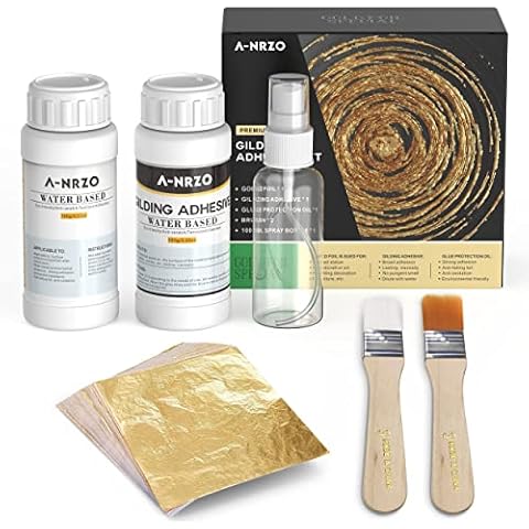 Blattgold Kleber 200ml Set, Mit Wasserbasiertem Blattgoldkleber und Schutzlack, Blattgold 100 Stück, 2 Pinsel, 1 Spraydose, für Handwerk, Malerei Cover