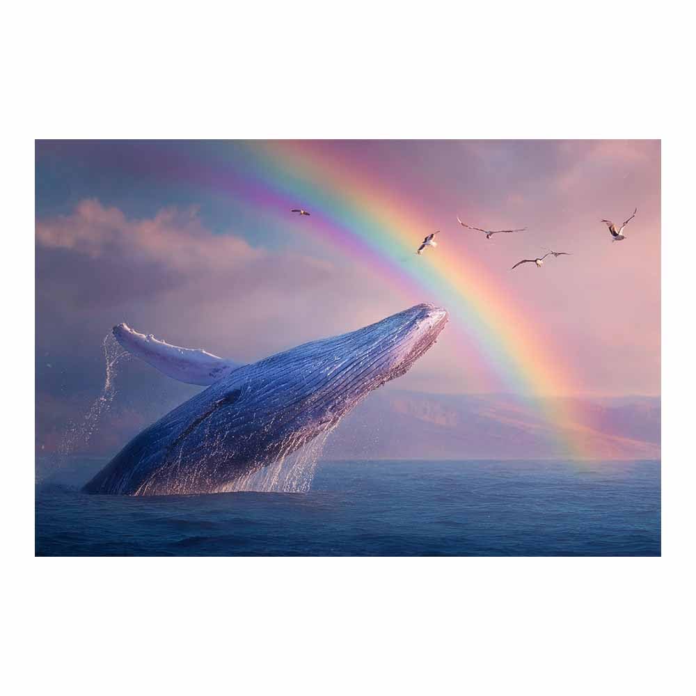 HUYEEI Canvas Wall Art Beachs Whales leapsing through rainbows marine animals Seascape Vintage Artwork for Seaside Livings Room Bedroom Bathroom Decor(blue)-60x80cm Unframed
