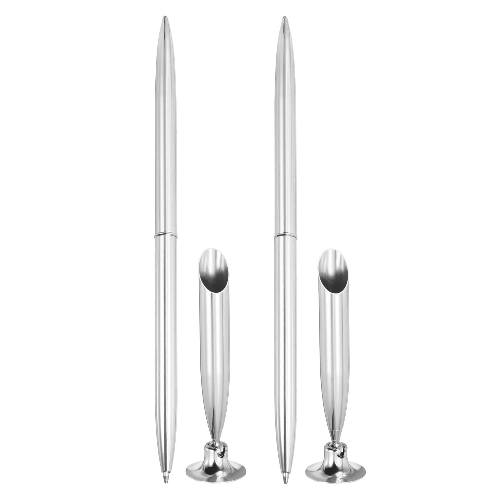 PATIKIL 2 PCS Pen and Pen Stand, 2.2x2.2cm Reception Desk Pens with Swivel Metal Pens Holders for Bank Office Hotel Service Counters Wedding, Silver