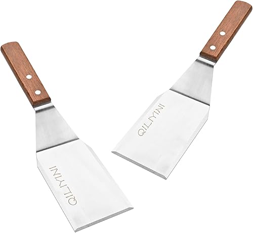 QILIYINI Paquete de 2 espátulas de acero inoxidable Espátula de metal resistente para cuchara de cocina Ideal para sartén, plancha y parrillas