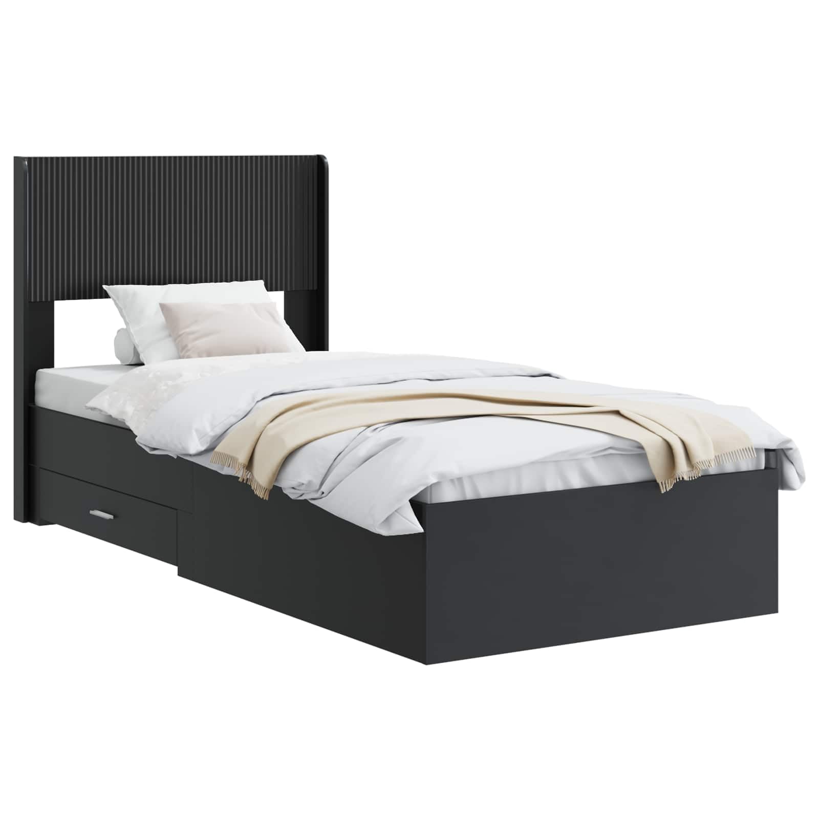 Rama de cama con almacenamiento y cabecero Negro 75x190 cm estructura de cama moderna con compartimentos de almacenamiento cabecero incluido somier de listones de contrachapada resistente duradero