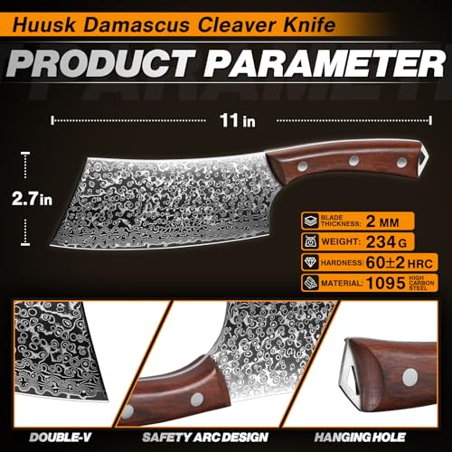 Image of Huusk Meat Cleaver Knife Japanese Kitchen Knife 6.4 Inch, Hand Forged Butcher Knife for Meat Cutting, Vegetable Chopping Knife High Carbon Steel Damascus Pattern Chef Knife Cooking Gift Idea