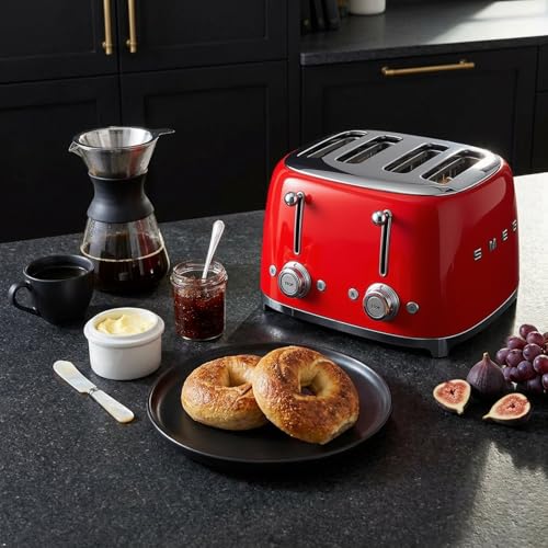 Image of SMEG 4 Slice Toaster TSF03, Retro Stainless-Steel Toaster with Wide Slots for Bagels, 6 Browning Levels, Defrost Reheat Bagel Functions, Dual Controls, Crumb Trays,1800W - TSF03RDUS - Red