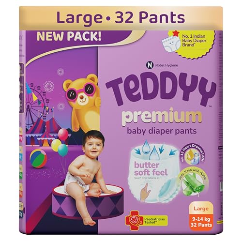 Image of Teddyy Premium Baby Diaper L size, Pant Style | Large (9-14 kg), 32 Pants | Butter Soft Feel, Anti-Rash with Aloe Vera, 12 Hours Dryness Lock