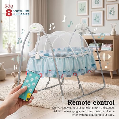 Image of BAYBEE Wanda Electric Swing Cradle for Babies | Automatic Cradle for New Born Baby with 6 Speed Control, Mosquito Net, Toy Bar & Music | Jhula for Kids | Baby jhula for 0 to 2 Years (Blue)
