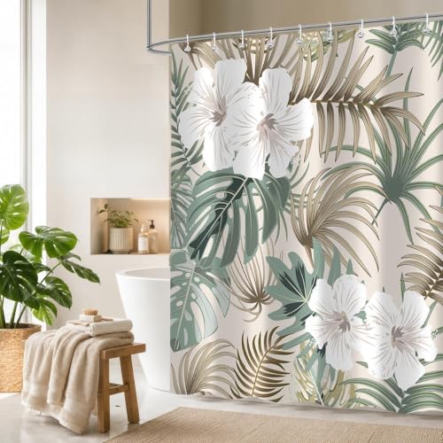 PAOPOED Tropical Shower Curtain for Bathroom, Green Palm Tree Flower Plant Boho Leaf Banana Monstera Sage Beige Shower Curtains Set, Fabric Bathroom Accessories with Hooks 60x72 Inch