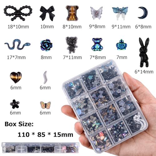 Kikonoke 850 Pieces 3D Butterfly Rose Flower Bow Rabbit Bear Nail Charms Kit with Nail Art Rhinestones Pearls Crystal Gems Nail Slices for Manicure DIY Crafts Jewelry Accessories (Black)