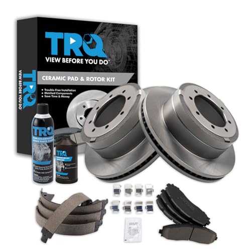 Image of TRQ Rear Brake Pad & Rotor Kit, with Chemical Kit Parking Brake Shoe Set Ceramic Compatible with 2013-2019 Ford F-350 Super Duty 2013-2014 F-450 Super Duty