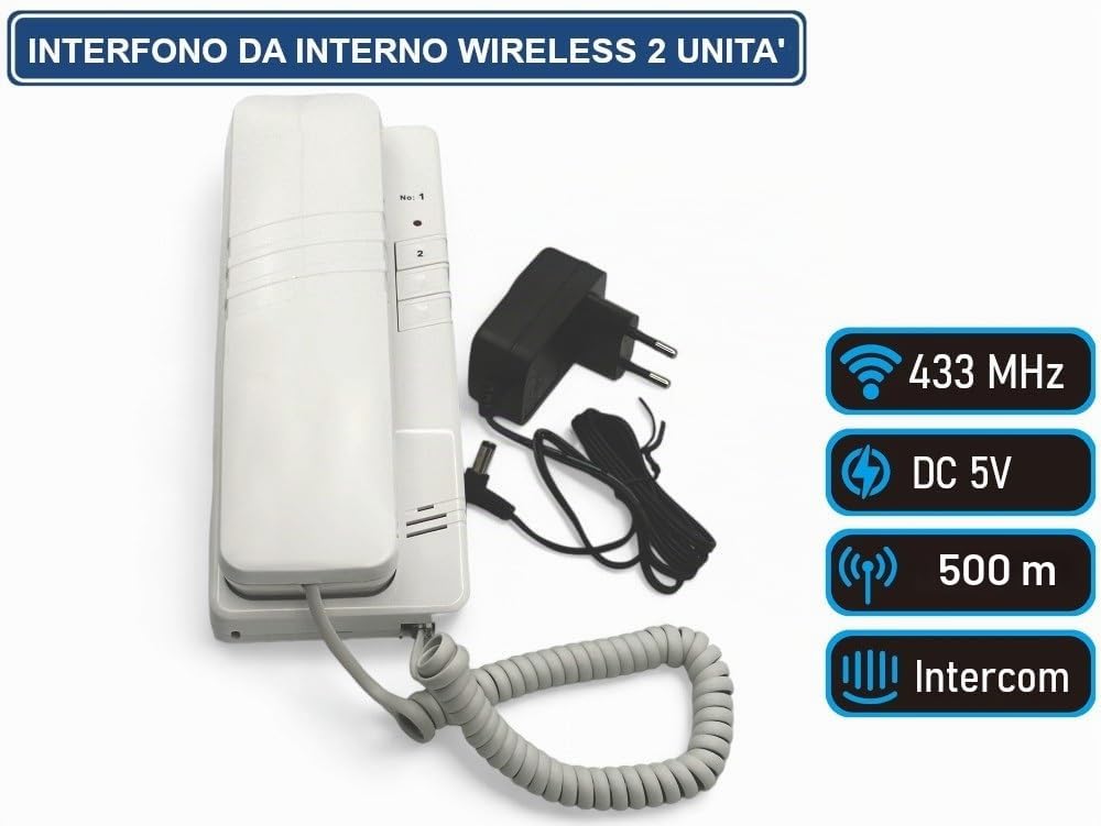 Citofono interfono 2 canali wireless senza fili intercomunicante 433Mhz distanza 500mt. Coppia di cornette da interno a parete, Ac 220v / Dc 5v - CW896
