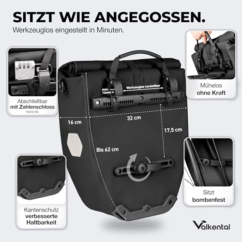 Valkental Große & wasserdichte Gepäckträgertasche - Fahrradtasche für Gepäckträger mit großen Reflektoren [Abschließbar] Bombenfester Sitz - Mehrfach ausgezeichnet - Gefertigt für Langlebigkeit