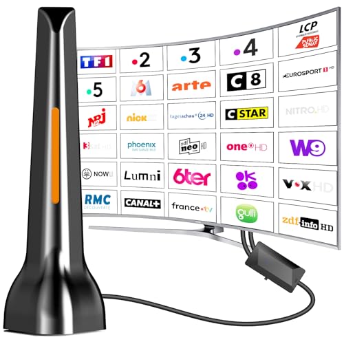 Antenne TV Intérieur, Antenne TNT Intérieur Puissante, Réception 360° Jusqu’à 420 Km, Base Magnétique pour Installation Facile, Accès Aux Chaînes TNT...