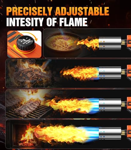 Image of Powerful Propane Torch Gun, Kitchen cooking Torch lighter with Adjustable Flame, Flame Thrower Gun Butane Torch for Searing Steak, BBQ, Campfire, Fireplace (Tank Not Included) (Orange)