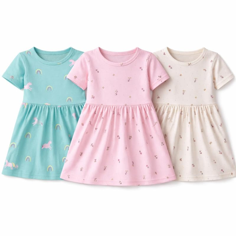 Image of EIO Girls Cotton Frock Dress Combo Pack | Multicolor Printed Knee Length Casual Dresses for Kids | Soft & Breathable Summer Wear Outfit