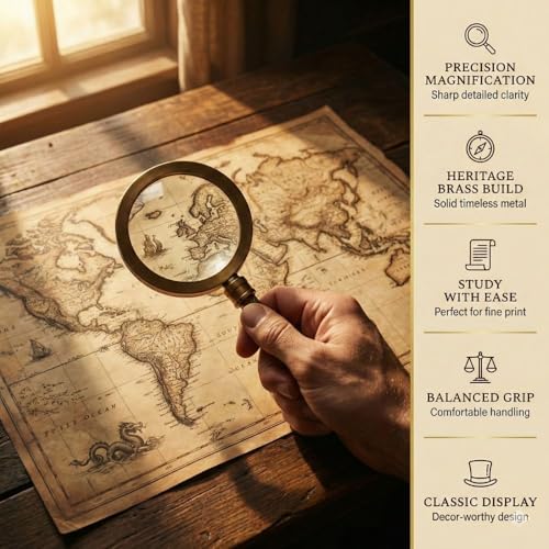 Decorative Magnifying Glass 5X Magnification Brass Handle with Antique Finish 2.75 Inch Lens Lightweight Handheld Magnifier for Reading, Elderly Vision & Inspection Stylish Vintage Decor & Gift