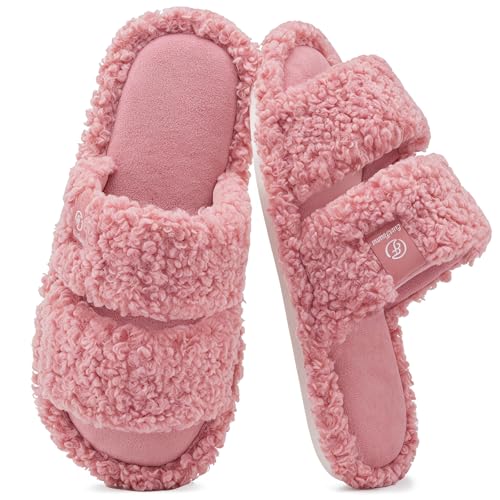 EverFoams Women's Fuzzy Open Toe Slippers Comfy Soft Memory Foam Indoor Outdoor House Shoes with Anti Skid Outsole Dusty Pink,7-8 US