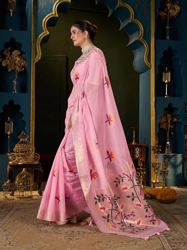 Image of MADHUHANSH Women's Cotton Linen Saree with Unstitched Blouse Piece and Floral Printed Pattern | Women Saree for Special Occasion | Stylish Modern Sarees
