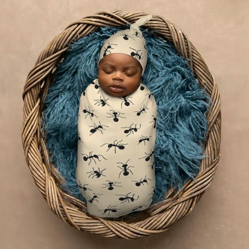 Image of Cartoon Black Ants Newborn Swaddle Blankets Hat Sets Soft Baby Receiving Blanket Swaddle Sack for Baby Shower Infant Boy Girl Gift