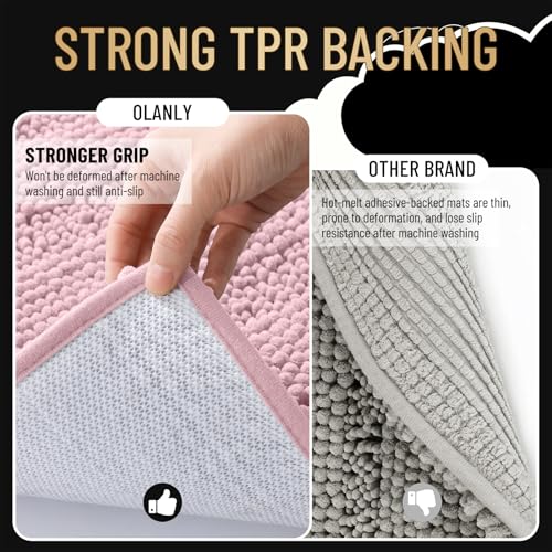 Image of OLANLY Thick Bathroom Runner Rugs 44x24, Extra Absorbent Chenille Striped Bath Rugs, Rubber Backing, Machine Wash Dry, Long Bath Mats for Bathroom, Tub and Shower, Home Decor Accessories, Dusty Rose