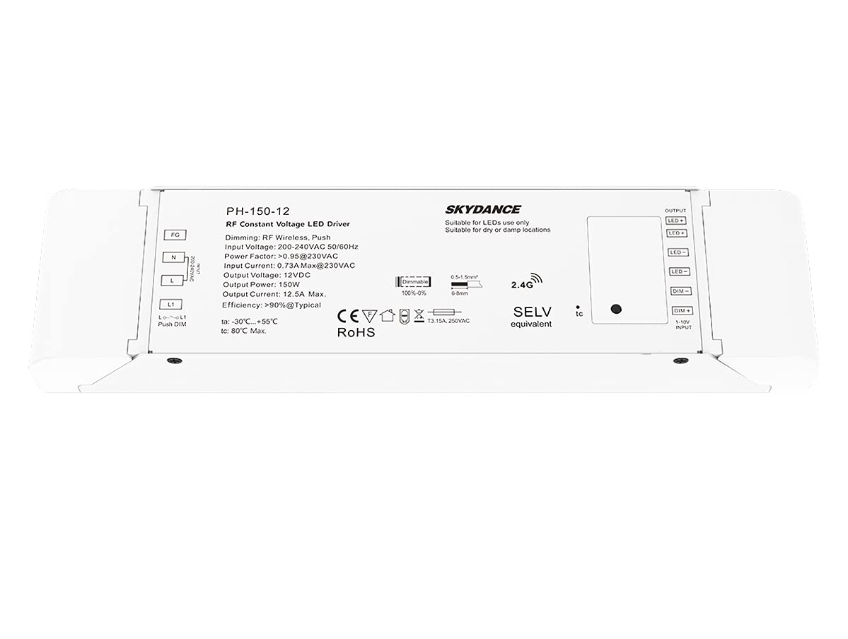 Trasformatore Alimentatore Dimmerabile 12V 150W con Pulsante N.O. Push Dimmer – Compatibile con Telecomando RF 2.4G (non incluso), Per Striscia LED 150V, Skydance PB-150-12