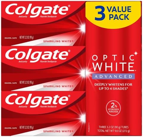 Colgate Optic White Advanced Teeth Whitening Toothpaste, 2% Hydrogen Peroxide Toothpaste, Sparkling White, 3.2 Oz, 3 Pack
