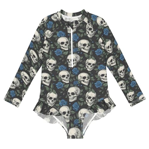 Skull Flower Girls Long Sleeve Rashguard Swimsuit UV Protection One-Piece Swimwear Bathing Suit B0404462
